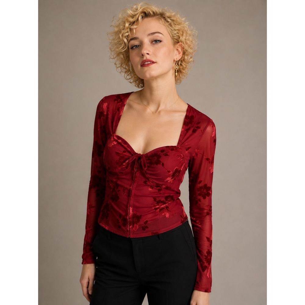 Madden NYC Red Velvet Floral Mesh Corset Top Romantic Goth Holiday M